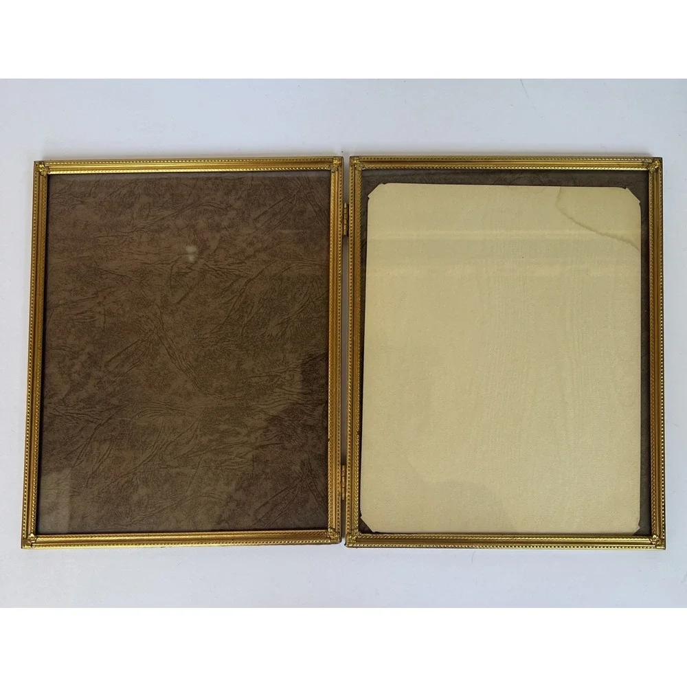 VTG Gold Tone Brass Bi Fold Double Hinged Picture Frame Holds Two 8x10 Photos
